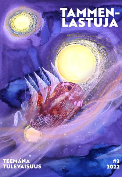Piirroskuva lastenkirjasta, lilalla taustalla lentävä kala ja kuu tai aurinko